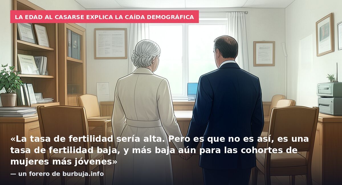 La edad al casarse explica la caída demográfica: «La tasa de fertilidad sería alta. Pero es que no es así, es una tasa de fertilidad baja, y más baja aún para las cohortes de mujeres más jóvenes» — un forero de burbuja.info