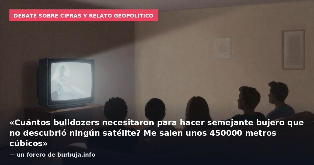 Debate sobre cifras y relato geopolítico: «Cuántos bulldozers necesitaron para hacer semejante bujero que no descubrió ningún satélite? Me salen unos 450000 metros cúbicos» — un forero de burbuja.info