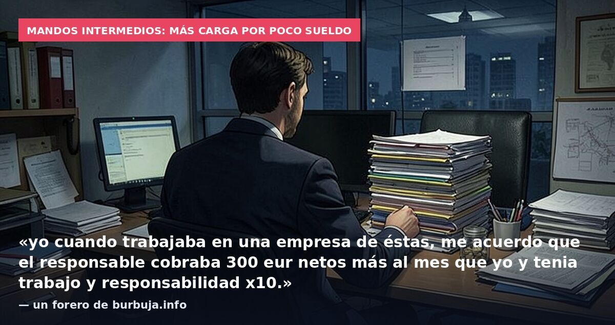 Mandos intermedios: más carga por poco sueldo: «yo cuando trabajaba en una empresa de éstas, me acuerdo que el responsable cobraba 300 eur netos más al mes que yo y tenia trabajo y responsabilidad x10.» — un forero de burbuja.info