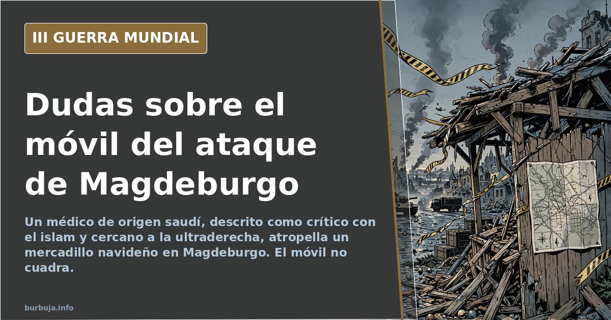 Ilustración desaturada de un mercadillo navideño alemán con siluetas de ambulancias y humo lejano