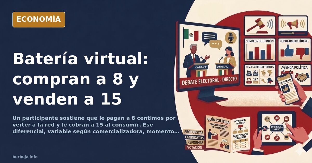 Ilustración editorial de una batería virtual conectada a paneles solares y a la red eléctrica, con un contador que marca dife