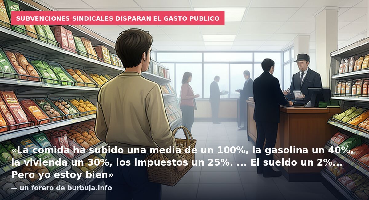 Subvenciones sindicales disparan el gasto público: «La comida ha subido una media de un 100%, la gasolina un 40%, la vivienda un 30%, los impuestos un 25%. ... El sueldo un 2%... Pero yo estoy bien» — un forero de burbuja.info