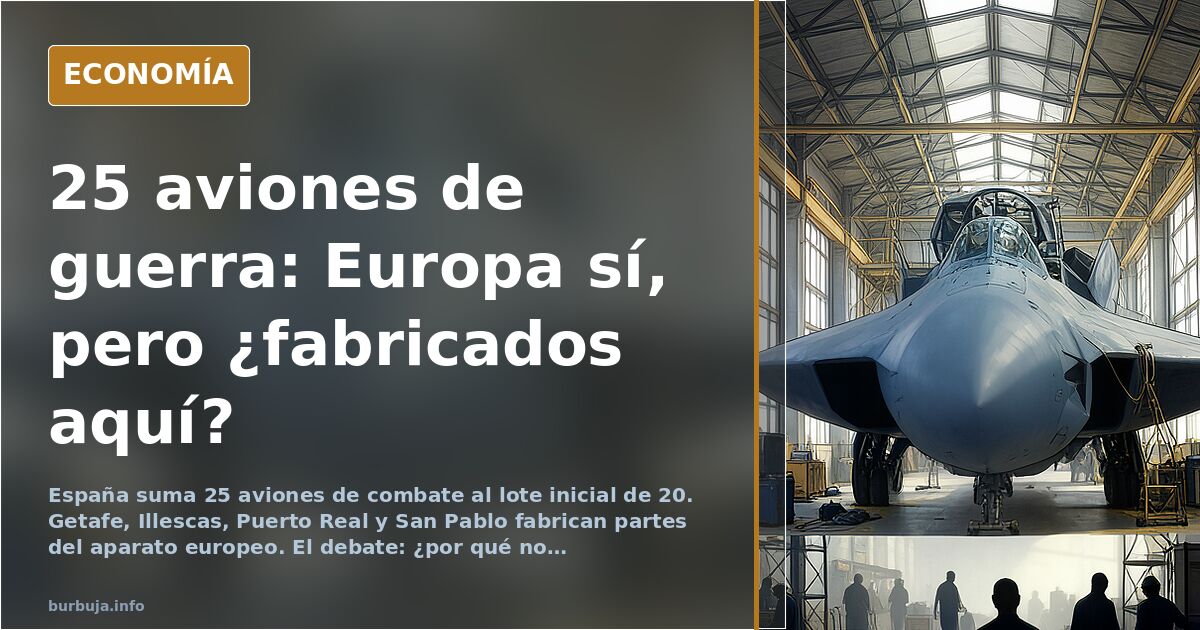 Ilustración editorial de un avión de combate europeo sobrevolando una cadena de montaje industrial española con piezas de fus