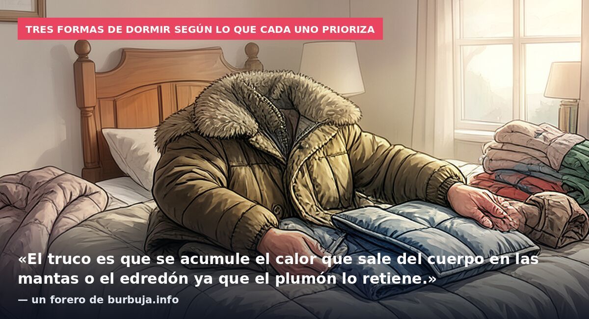 Tres formas de dormir según lo que cada uno prioriza: «El truco es que se acumule el calor que sale del cuerpo en las mantas o el edredón ya que el plumón lo retiene.» — un forero de burbuja.info
