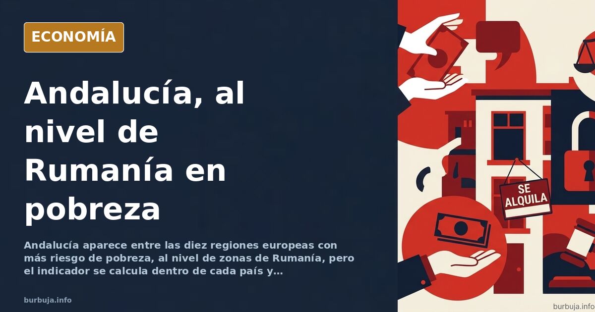 Ilustración editorial de un mapa de regiones europeas con Andalucía y Rumanía señaladas en el mismo tono, sobre fondo azul ma