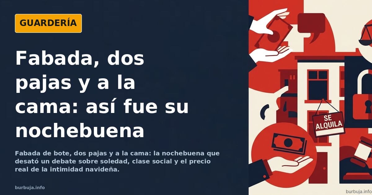 Ilustración de un plato de fabada de bote sobre una mesa navideña solitaria con un mando de televisión y una lata de conserva