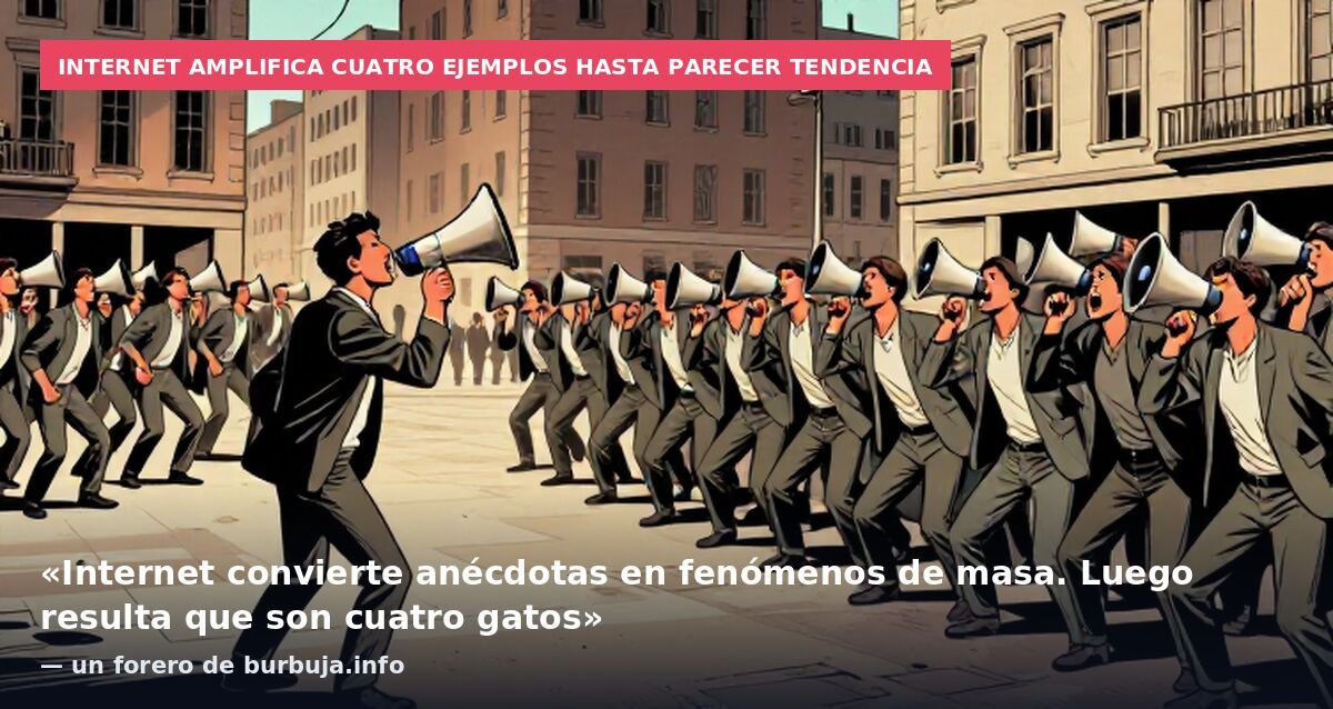 Internet amplifica cuatro ejemplos hasta parecer tendencia: «Internet convierte anécdotas en fenómenos de masa. Luego resulta que son cuatro gatos» — un forero de burbuja.info