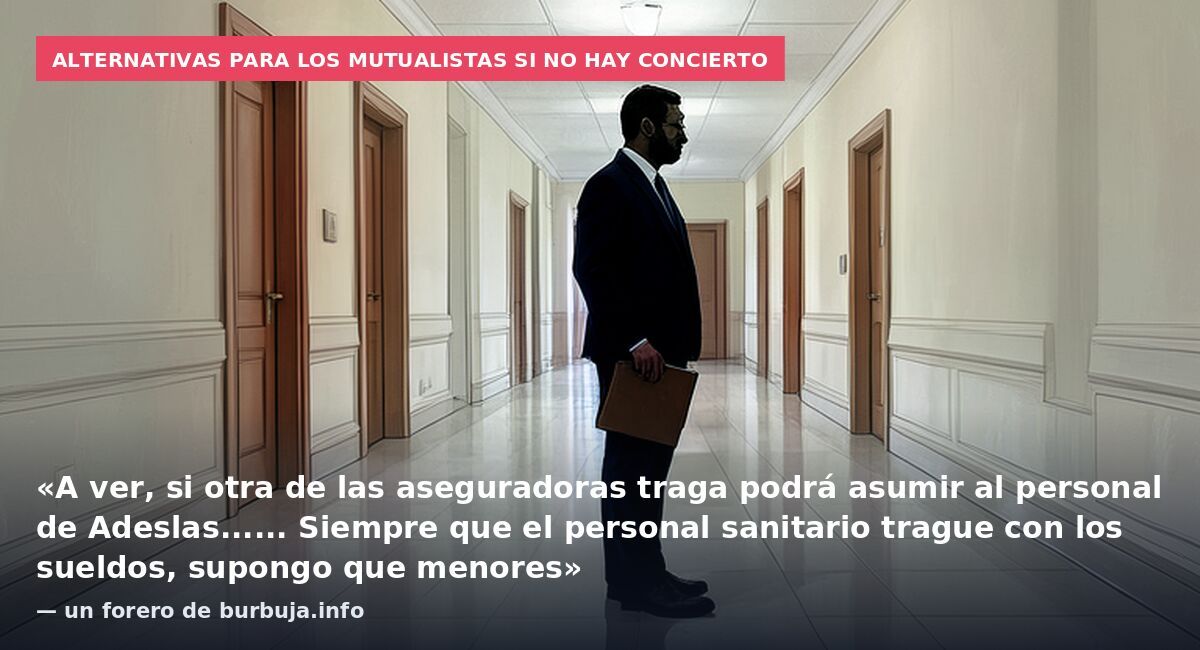 Alternativas para los mutualistas si no hay concierto: «A ver, si otra de las aseguradoras traga podrá asumir al personal de Adeslas...... Siempre que el personal sanitario trague con los sueldos, supongo que menores» — un forero de burbuja.info