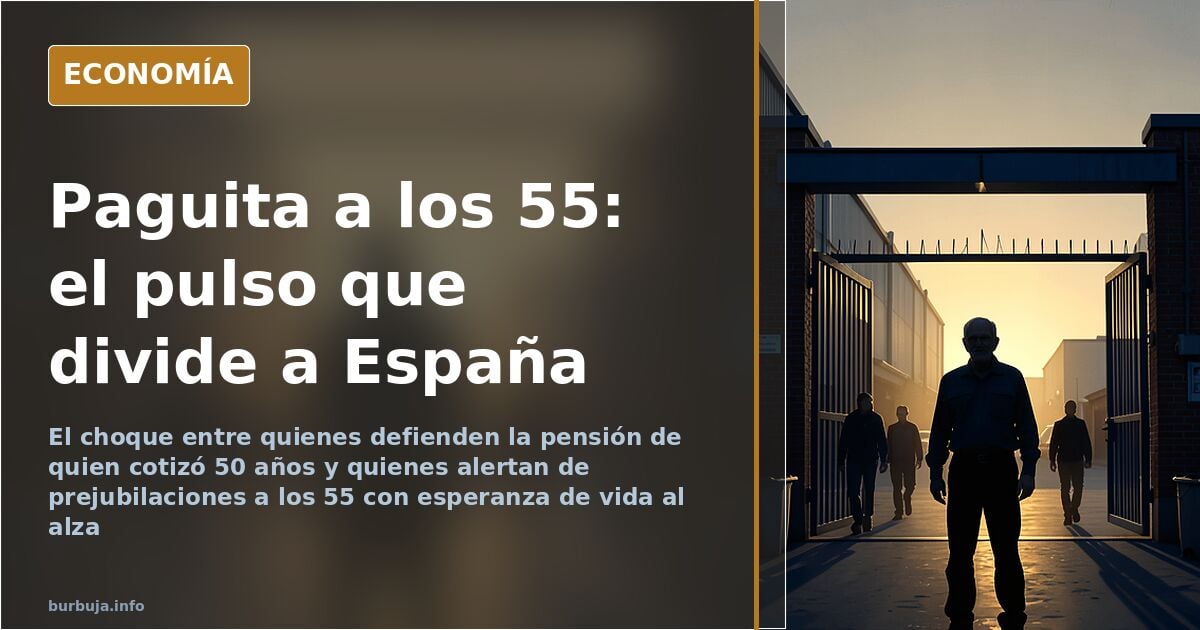 Ilustración editorial de dos generaciones frente a una balanza con monedas y documentos de pensiones