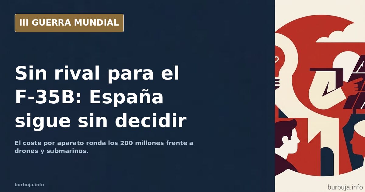 Ilustración documental de un caza de despegue vertical sobre la cubierta de un buque LHD con siluetas militares y humo lejano