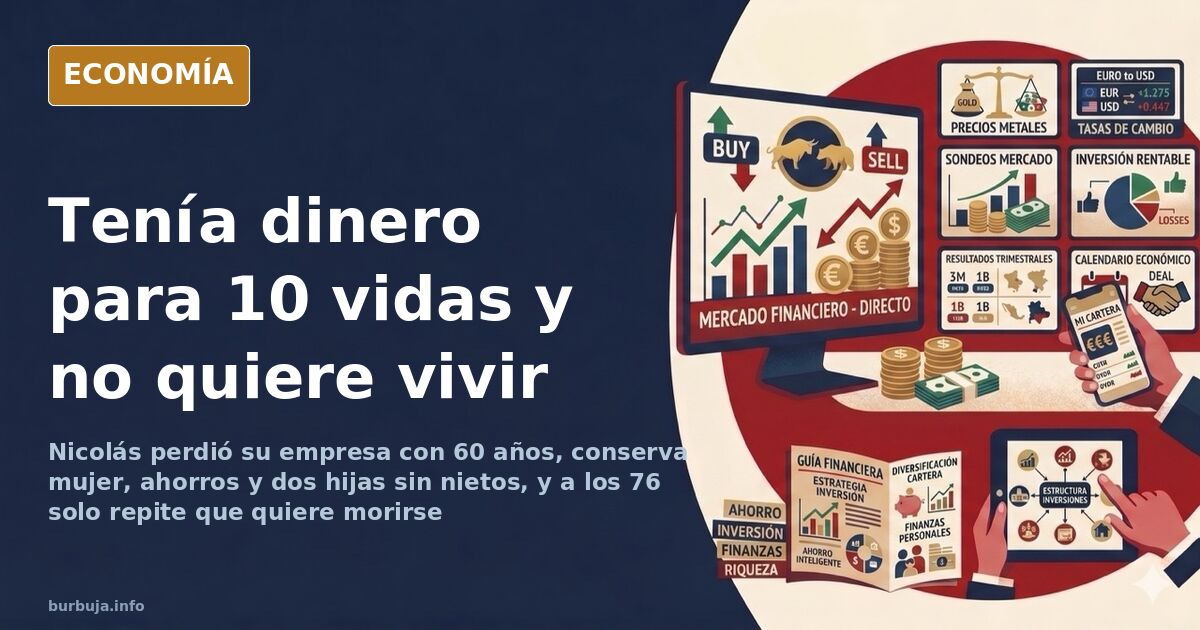 Ilustración editorial de un hombre mayor sentado solo en un jardín descuidado junto a un perro, reflejando la jubilación sin 