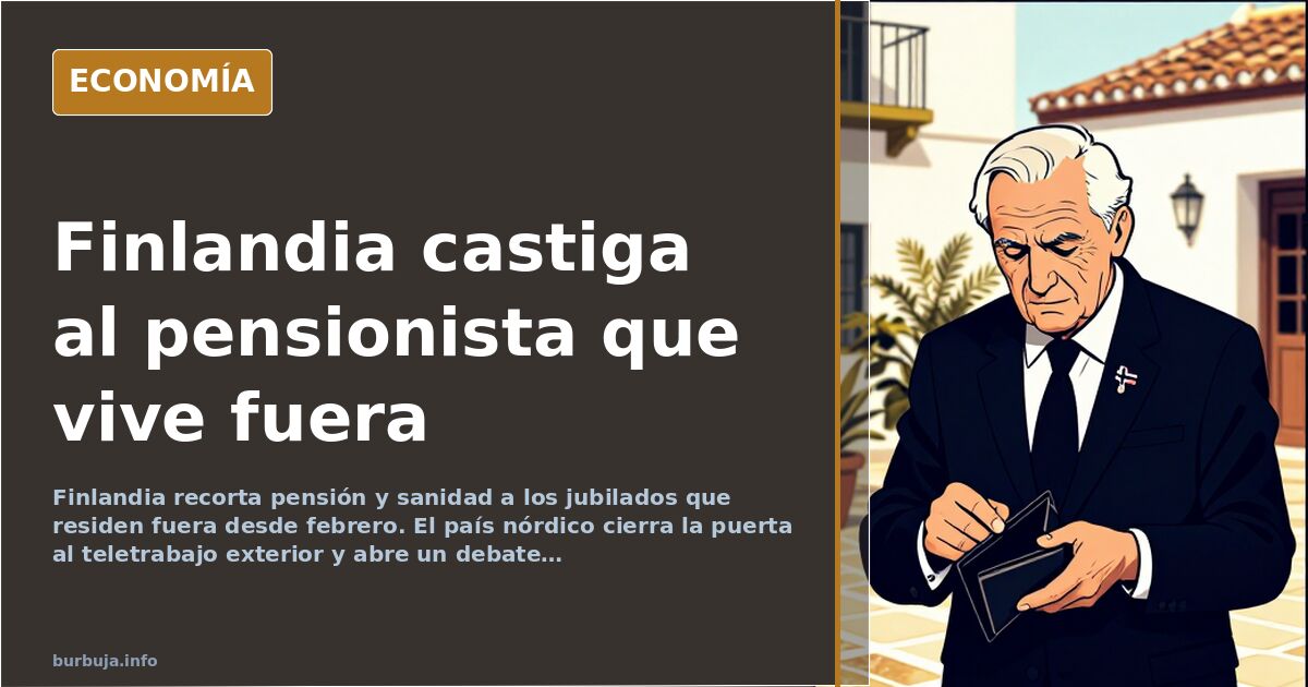 Ilustración editorial de un pensionista con maleta frente a un mapa de Europa, con una balanza que pesa pensión y residencia