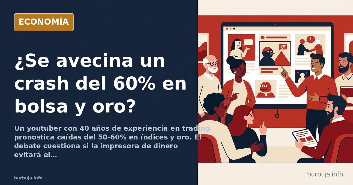 Gráfico bursátil en picado con velas rojas y una moneda de oro cayendo, ilustración editorial sobre la predicción de caídas d