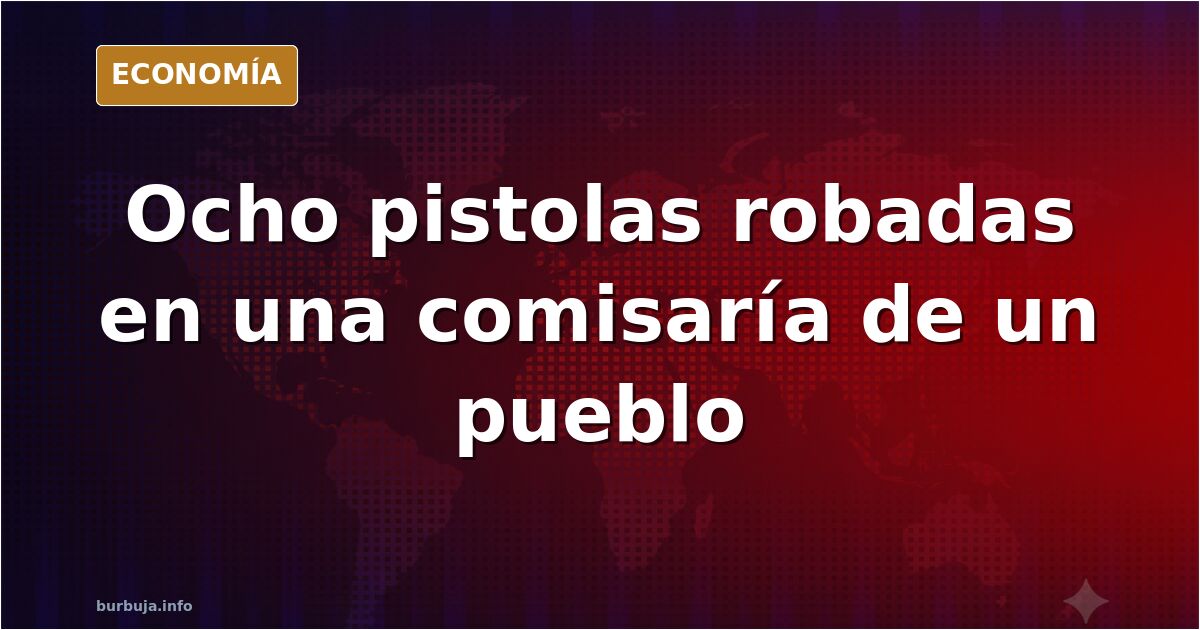 Ilustración editorial de un armero policial abierto y vacío en una comisaría rural, con ocho siluetas de pistolas ausentes