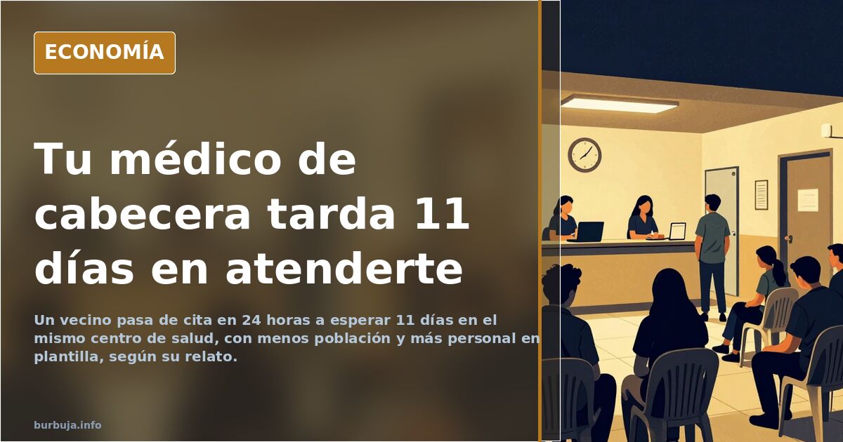 Ilustración editorial de una sala de espera de centro de salud rural vacía con un cartel de cita previa y sillas desocupadas