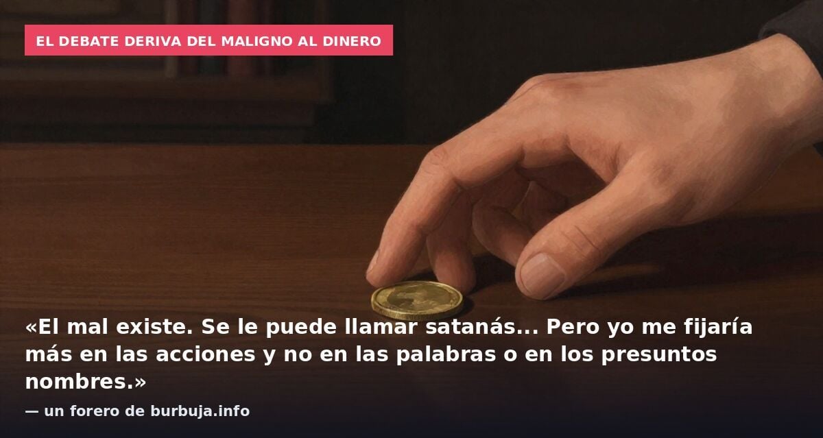 El debate deriva del maligno al dinero: «El mal existe. Se le puede llamar satanás... Pero yo me fijaría más en las acciones y no en las palabras o en los presuntos nombres.» — un forero de burbuja.info