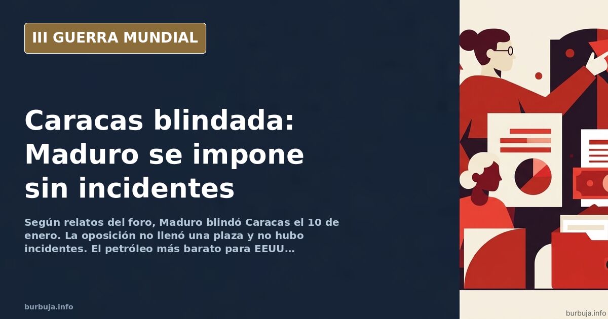 Vista de Caracas con controles militares y vehículos blindados en los accesos, humo lejano y siluetas de equipos antidrón
