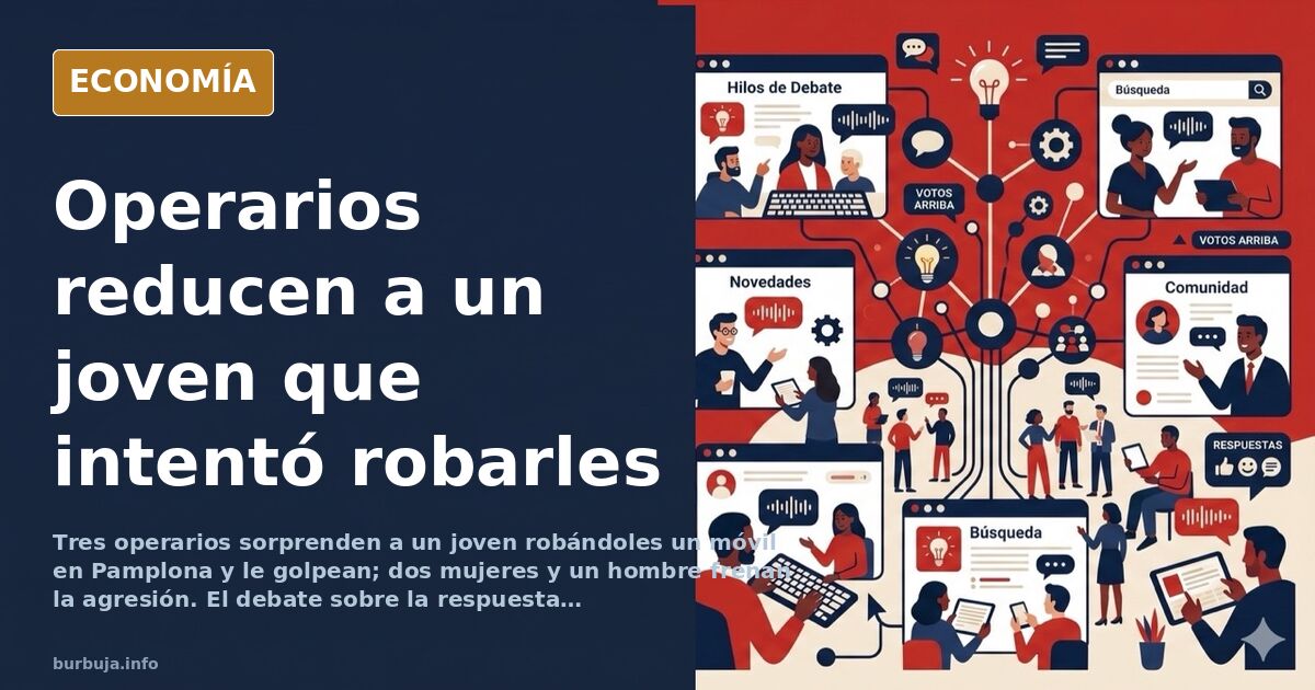 Ilustración editorial de tres operarios reduciendo a un joven en una calle del casco viejo de Pamplona