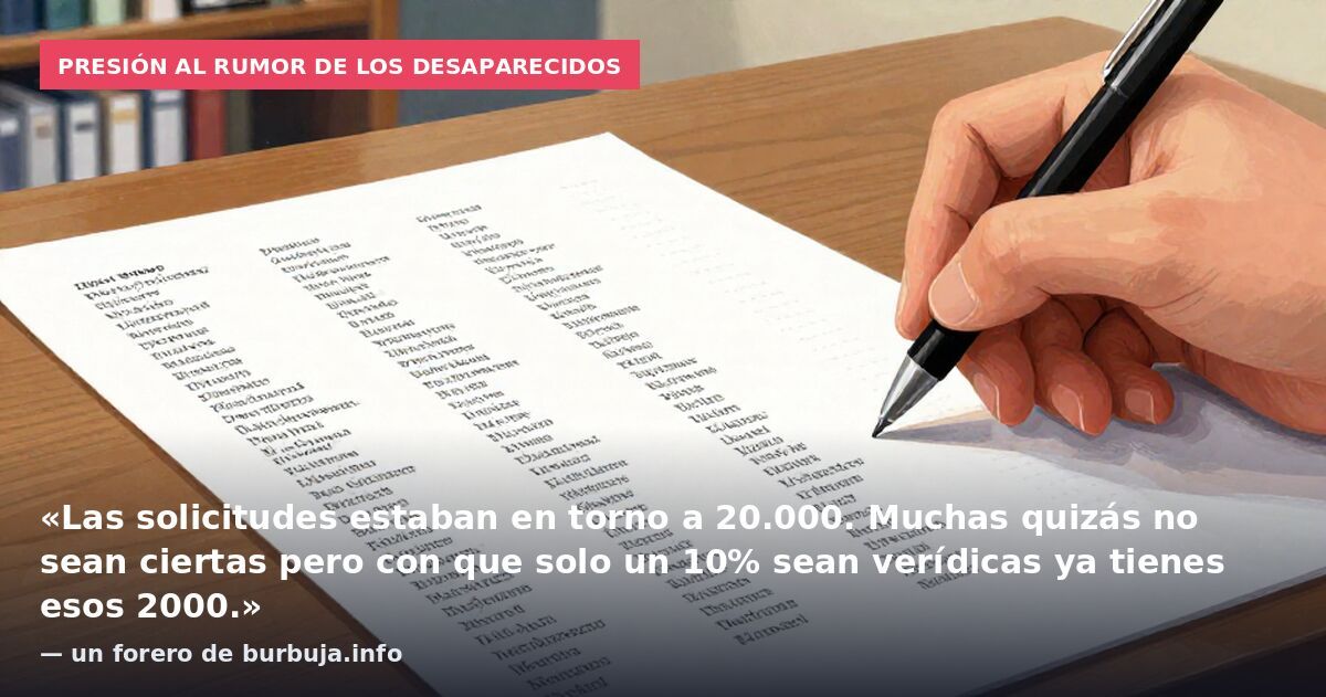 Presión al rumor de los desaparecidos: «Las solicitudes estaban en torno a 20.000. Muchas quizás no sean ciertas pero con que solo un 10% sean verídicas ya tienes esos 2000.» — un forero de burbuja.info