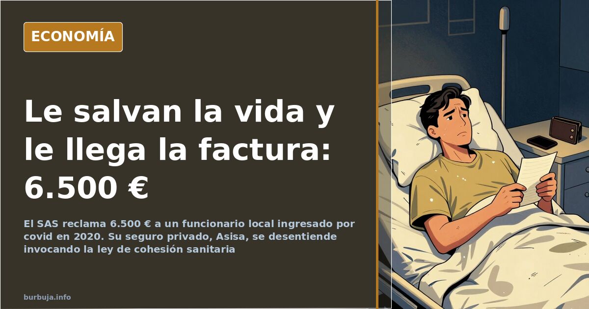 Ilustración editorial de una factura sanitaria de 6.500 euros junto a una cama de hospital vacía y un expediente administrati