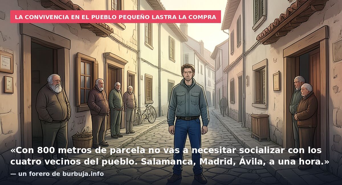 La convivencia en el pueblo pequeño lastra la compra: «Con 800 metros de parcela no vas a necesitar socializar con los cuatro vecinos del pueblo. Salamanca, Madrid, Ávila, a una hora.» — un forero de burbuja.info