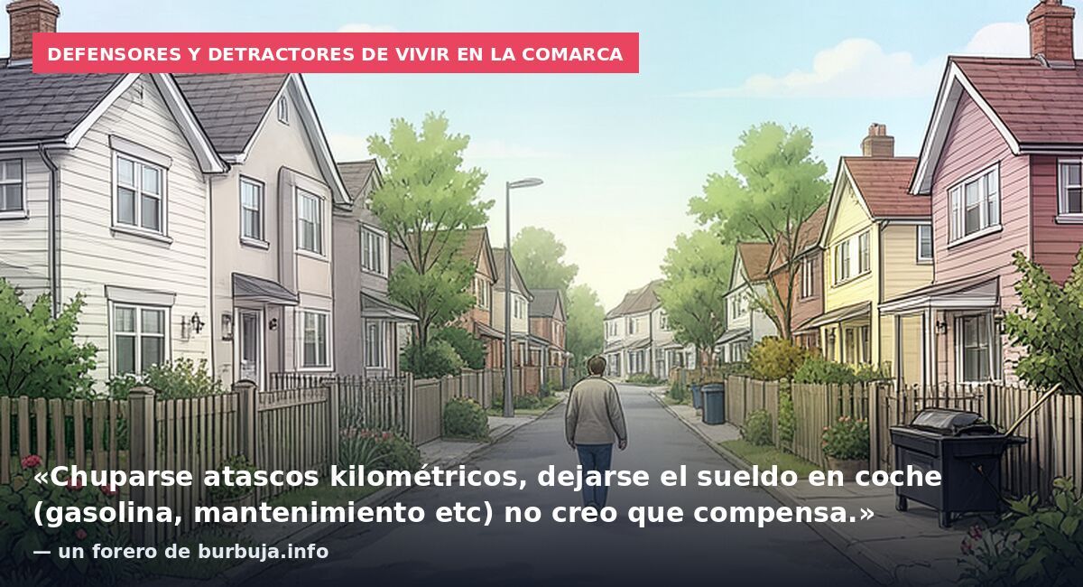 Defensores y detractores de vivir en la comarca: «Chuparse atascos kilométricos, dejarse el sueldo en coche (gasolina, mantenimiento etc) no creo que compensa.» — un forero de burbuja.info