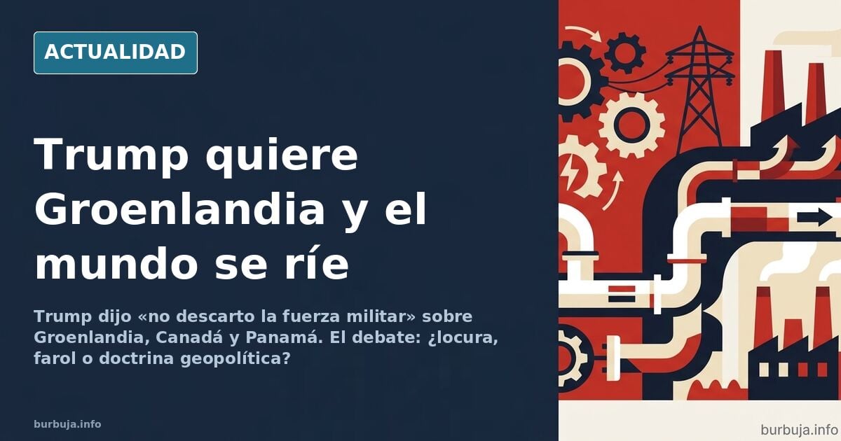Trump señalando un mapa de Groenlandia y el Canal de Panamá en una sala de prensa con banderas