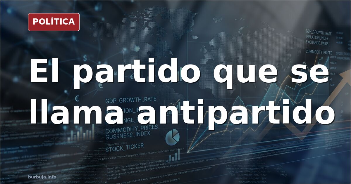 Ilustración editorial de un atril con el cartel 'El Antipartido' y varias urnas y escaños vacíos en un hemiciclo, con bandera