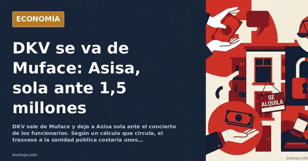 Ilustración editorial de un edificio de aseguradora sanitaria vacío junto a una cola de funcionarios esperando atención médic