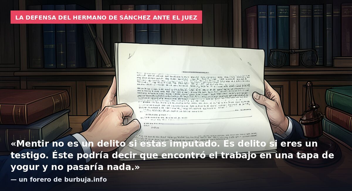 La defensa del hermano de Sánchez ante el juez: «Mentir no es un delito si estas imputado. Es delito si eres un testigo. Éste podría decir que encontró el trabajo en una tapa de yogur y no pasaría nada.» — un forero de burbuja.info