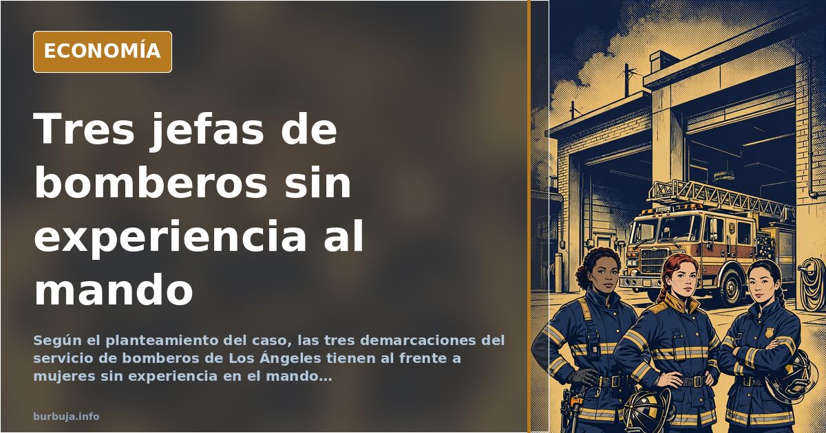 Ilustración editorial de tres mandos de bomberos frente a un incendio urbano, con la ciudad de Los Ángeles al fondo