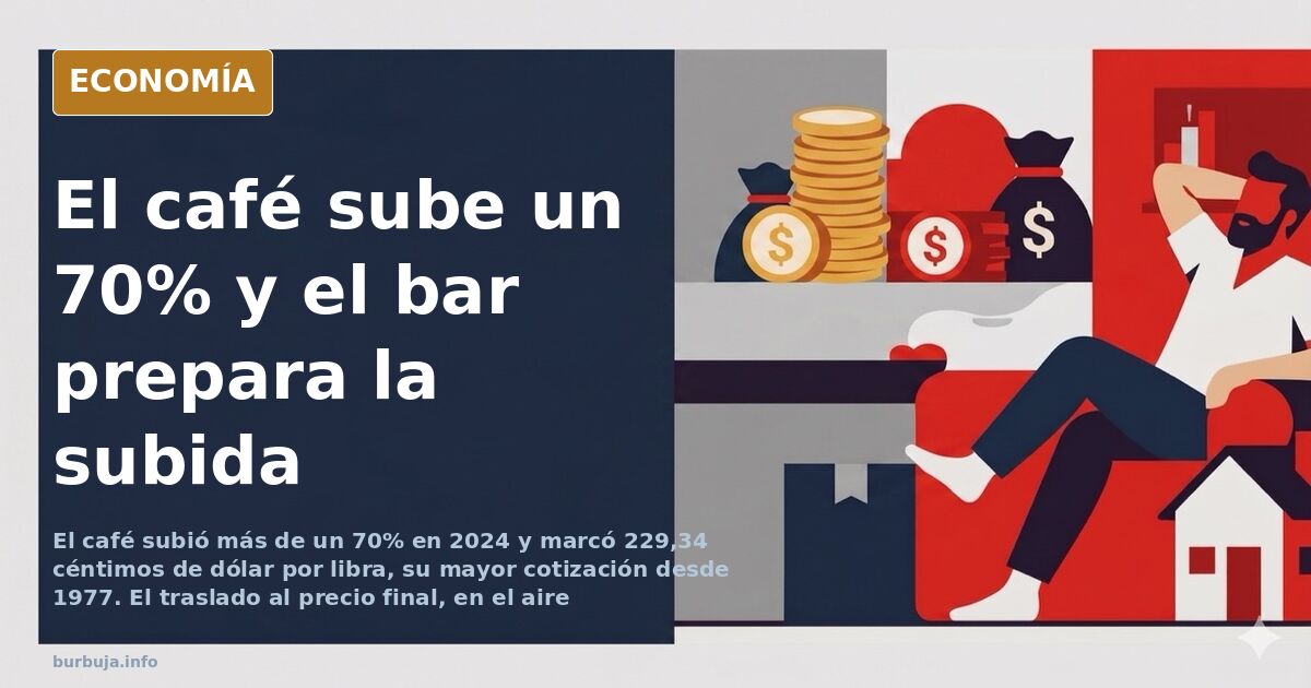 Taza de café humeante sobre una mesa de bar junto a una pizarra con el precio del café actualizado
