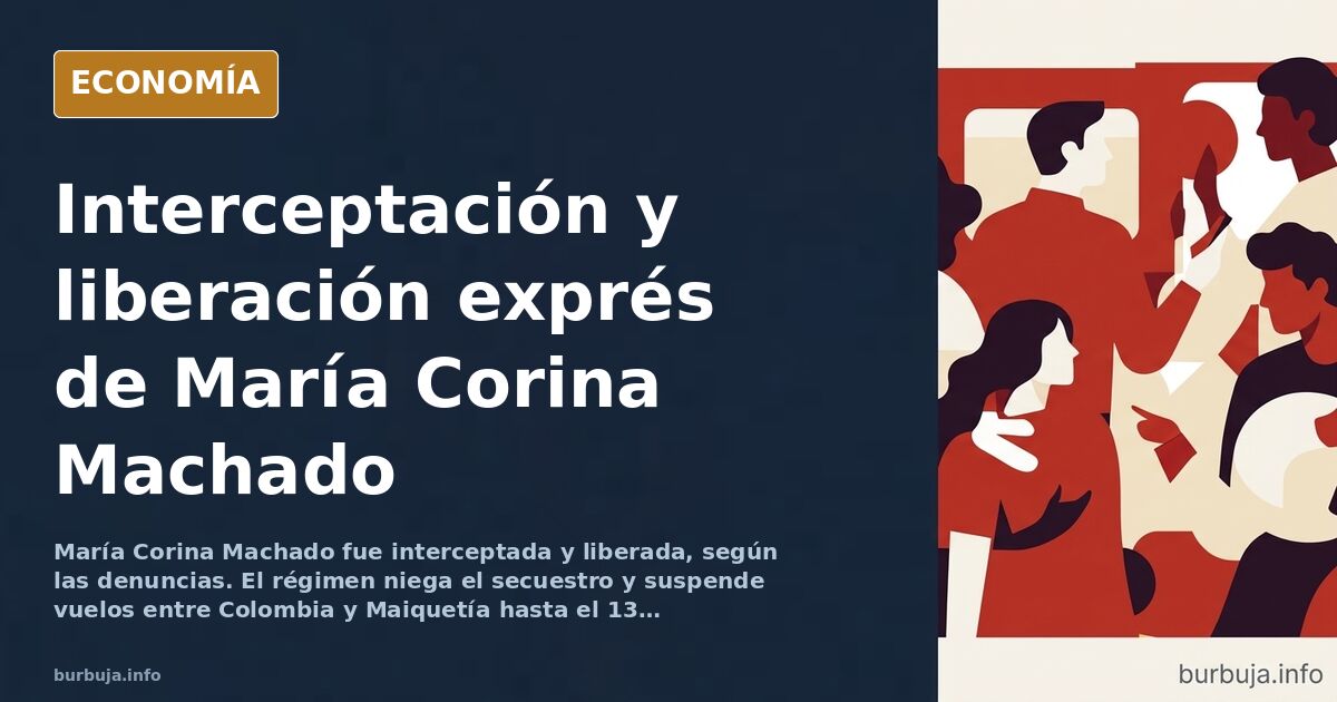 Ilustración editorial de una caravana de motos interceptada en una avenida de Caracas con la silueta de una líder opositora
