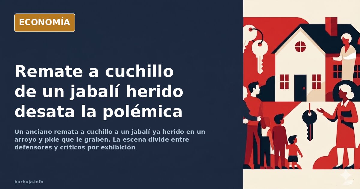 Ilustración editorial de un jabalí herido en un arroyo junto a una figura humana con cuchillo de monte