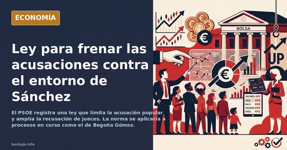 Ilustración editorial de una balanza de justicia inclinada por un documento oficial con el sello del PSOE