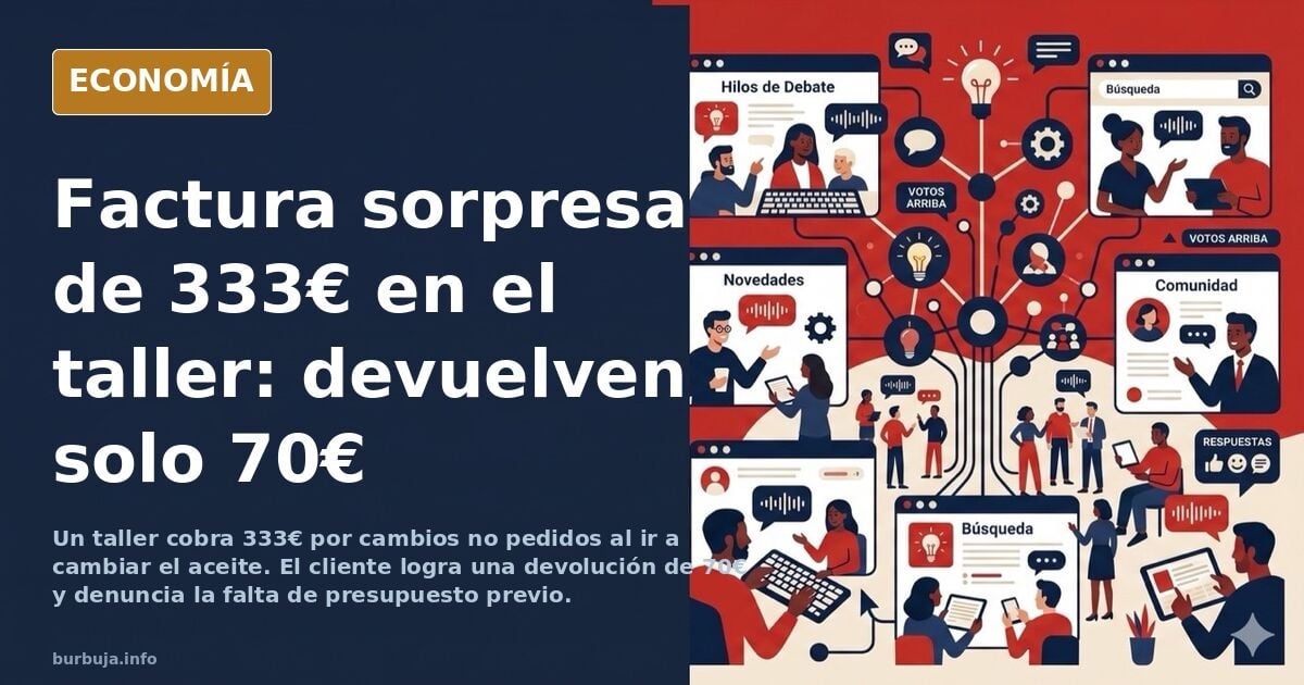 Ilustración editorial de un coche en un taller mecánico con una factura elevada y herramientas sobre un banco de trabajo