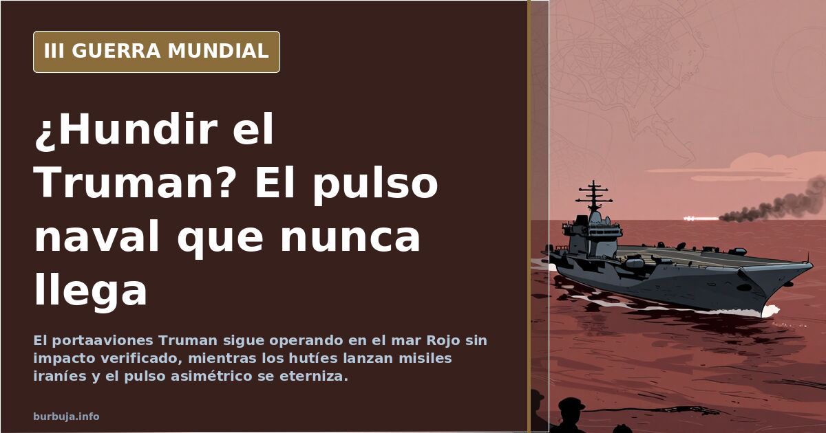 Silueta de un portaaviones estadounidense navegando en el mar Rojo con estelas de misiles al fondo y mapa del estrecho de Bab