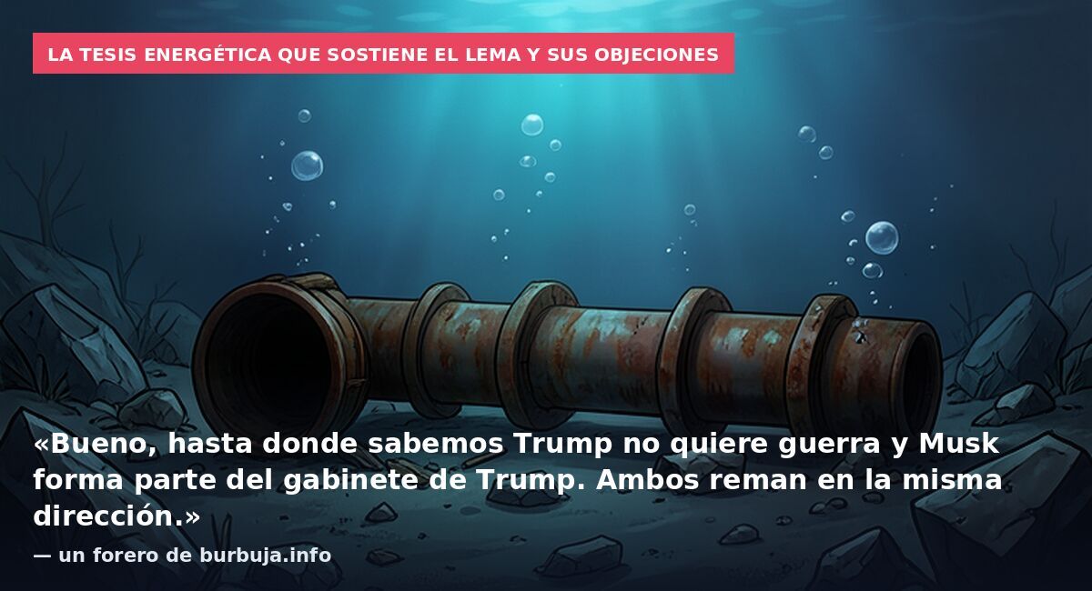 La tesis energética que sostiene el lema y sus objeciones: «Bueno, hasta donde sabemos Trump no quiere guerra y Musk forma parte del gabinete de Trump. Ambos reman en la misma dirección.» — un forero de burbuja.info