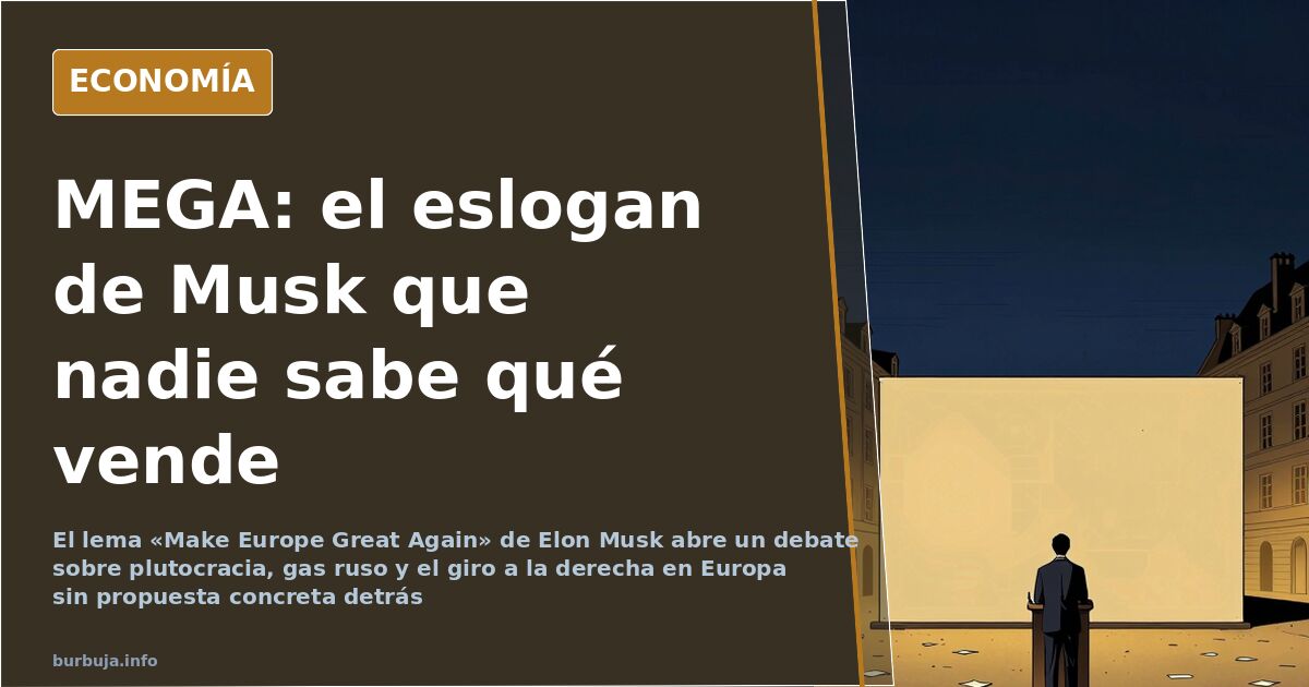 Ilustración editorial de un megáfono dorado sobre mapa de Europa en tonos azul marino y dorado, símbolo del lema MEGA de Elon