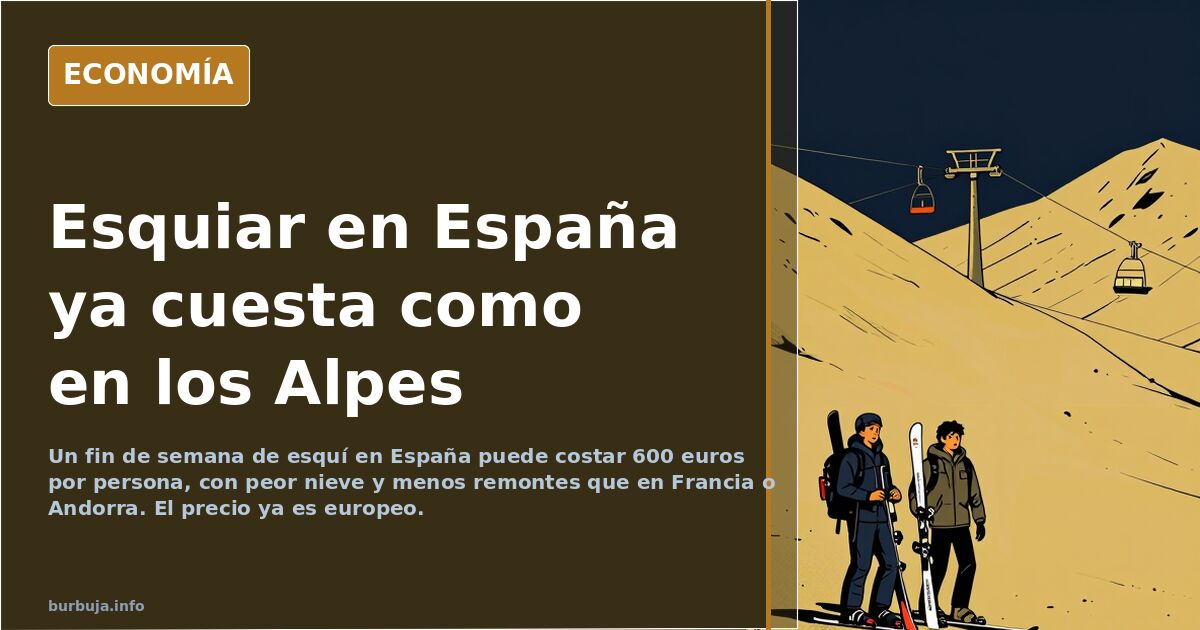 Esquiadores en una pista de esquí española con poca nieve y remontes funcionando a medio gas