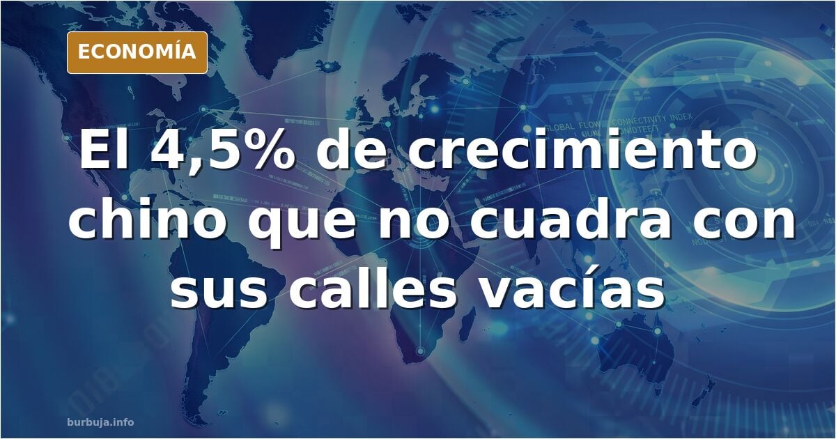 Ilustración editorial de una avenida comercial china vacía con carteles de traspaso en los escaparates y rascacielos al fondo