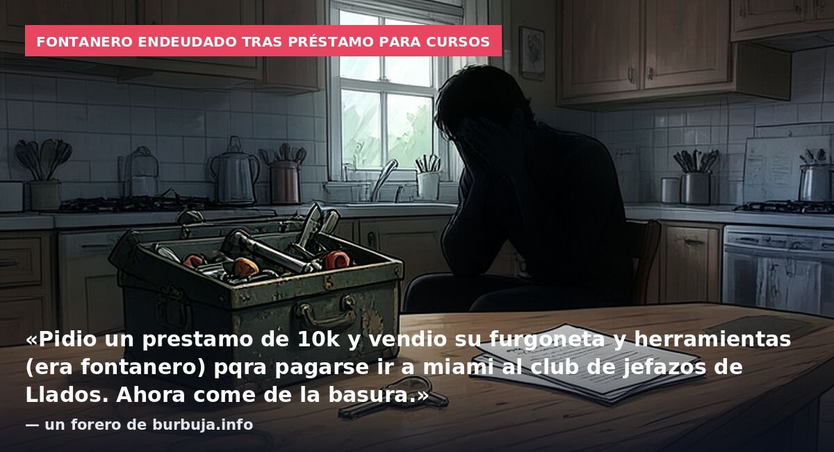 Fontanero endeudado tras préstamo para cursos: «Pidio un prestamo de 10k y vendio su furgoneta y herramientas (era fontanero) pqra pagarse ir a miami al club de jefazos de Llados. Ahora come de la basura.» — un forero de burbuja.info