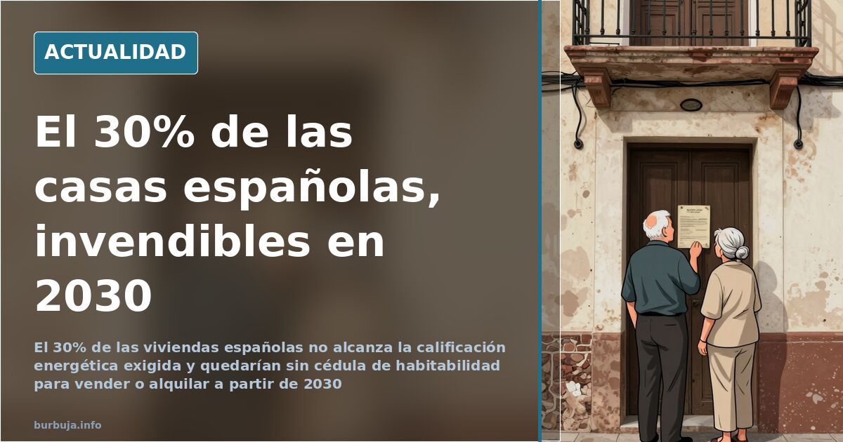 Edificio de viviendas antiguas en España con fachada deteriorada y certificado energético visible, ilustración editorial sobr