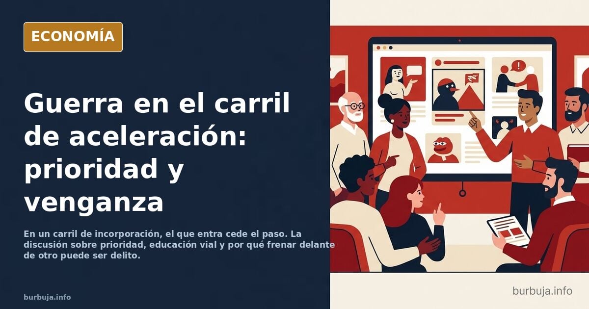 Ilustración editorial de dos coches en un carril de incorporación a la autopista, uno en paralelo al otro, con líneas de carr
