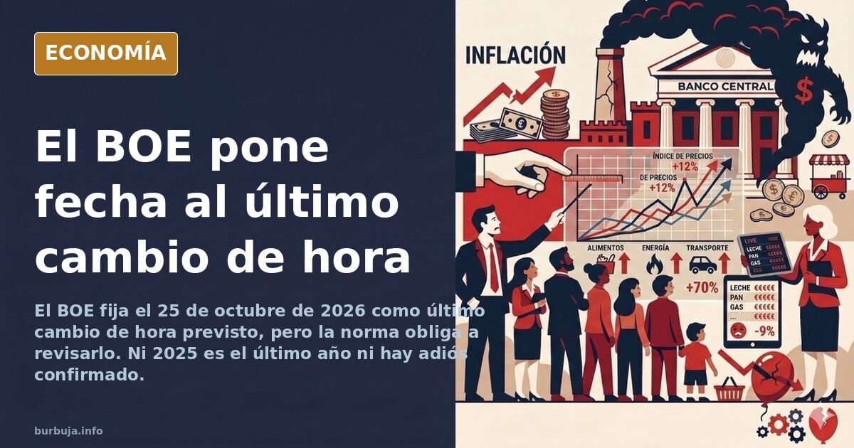 Reloj de pared sobre fondo azul marino con calendario y documento oficial del BOE sobre el cambio de hora en España