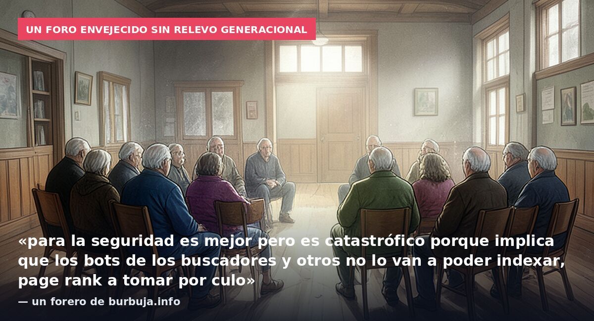 Un foro envejecido sin relevo generacional: «para la seguridad es mejor pero es catastrófico porque implica que los bots de los buscadores y otros no lo van a poder indexar, page rank a tomar por culo» — un forero de burbuja.info