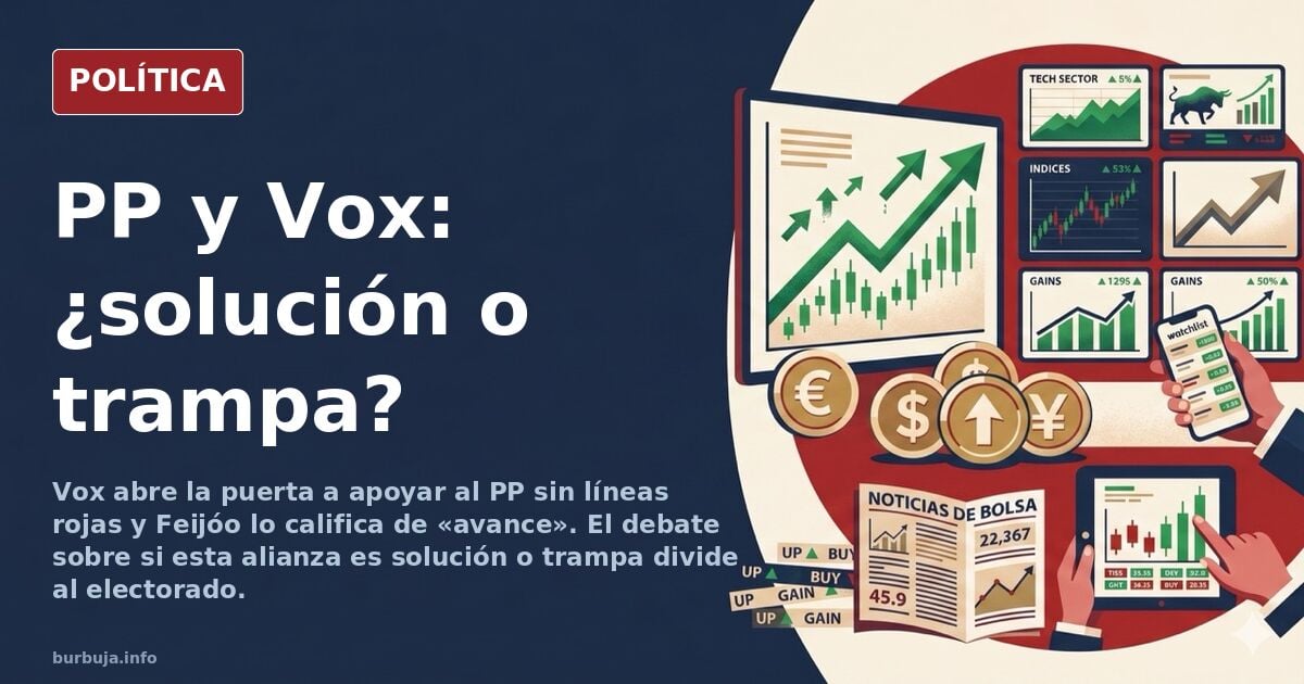 Ilustración editorial de dos políticos estrechando manos frente a una urna, con banderas de PP y Vox al fondo