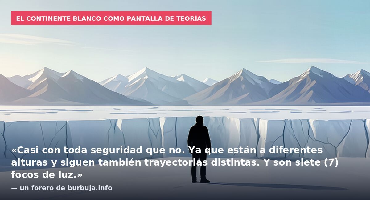 El continente blanco como pantalla de teorías: «Casi con toda seguridad que no. Ya que están a diferentes alturas y siguen también trayectorias distintas. Y son siete (7) focos de luz.» — un forero de burbuja.info