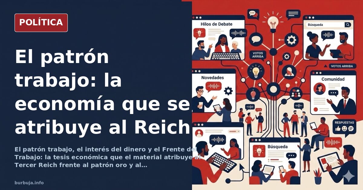 Ilustración editorial simbólica de un billete respaldado por trabajo junto a una fábrica y una balanza económica