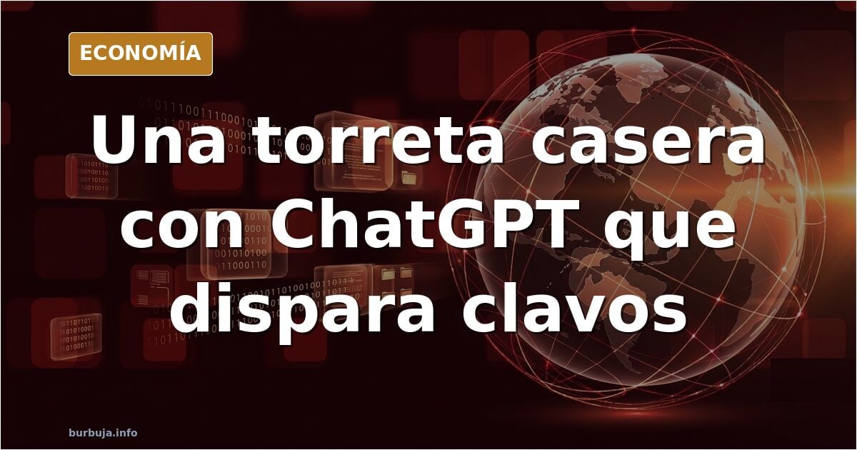 Ilustración editorial de una torreta robótica casera con cámara de visión artificial apuntando a un objetivo de color sobre u